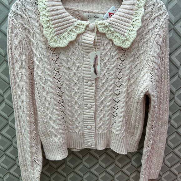 Jessica Simpson Light Pink Cable Knit Cardigan with Cream Lace Collar Valentines - Picture 3 of 10
